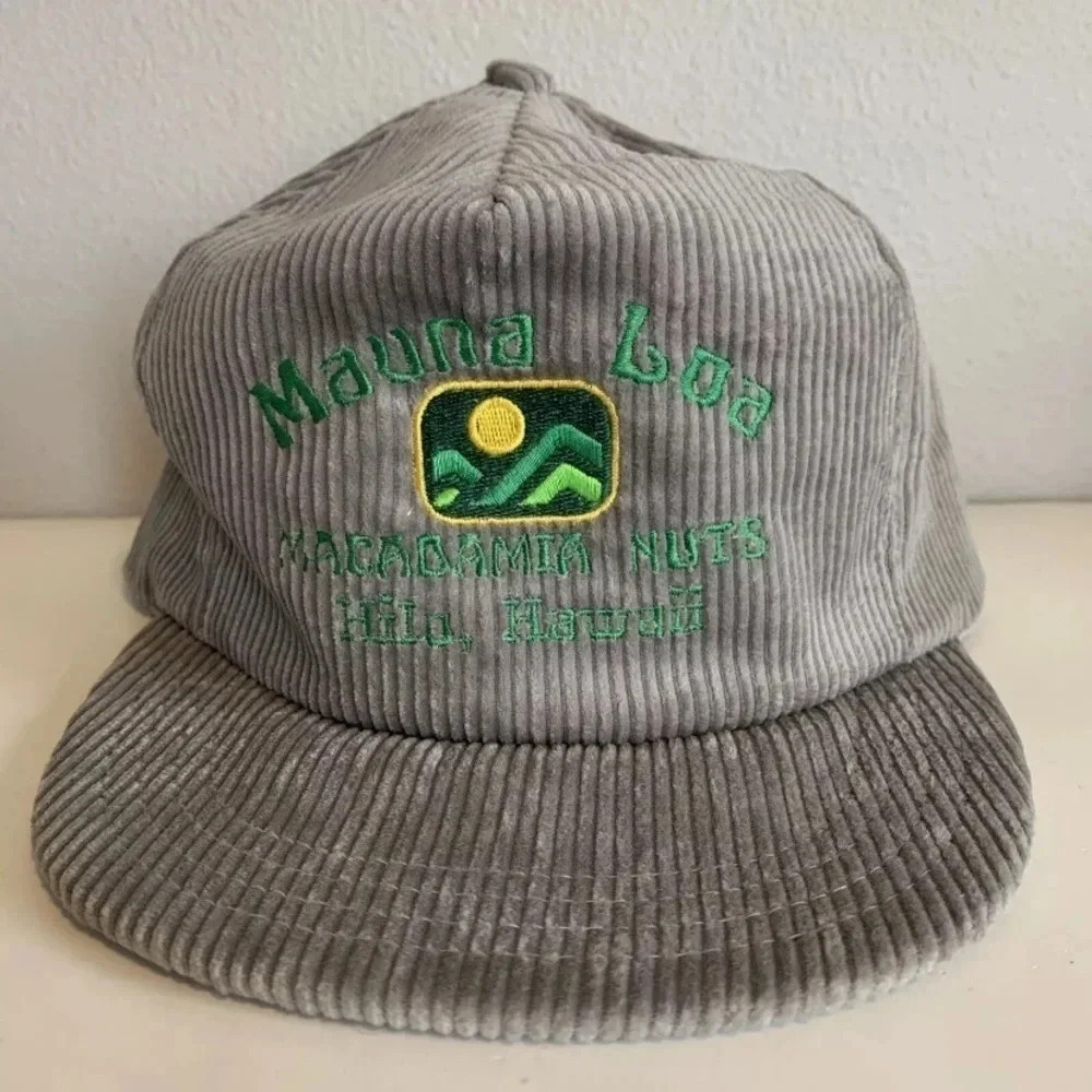 Vintage Hawaii Corduroy Mauna Loa Macadamia Snap Back Hat Nuts Hilo Gray USA